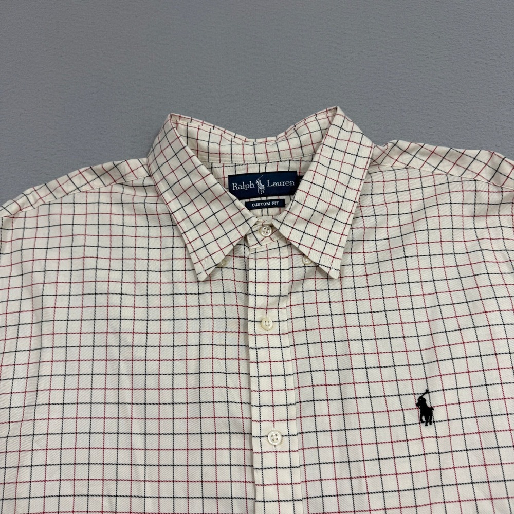 Vintage Polo Ralph Lauren Button Shirt XXL White Plaid Custom Fit Long Sleeve